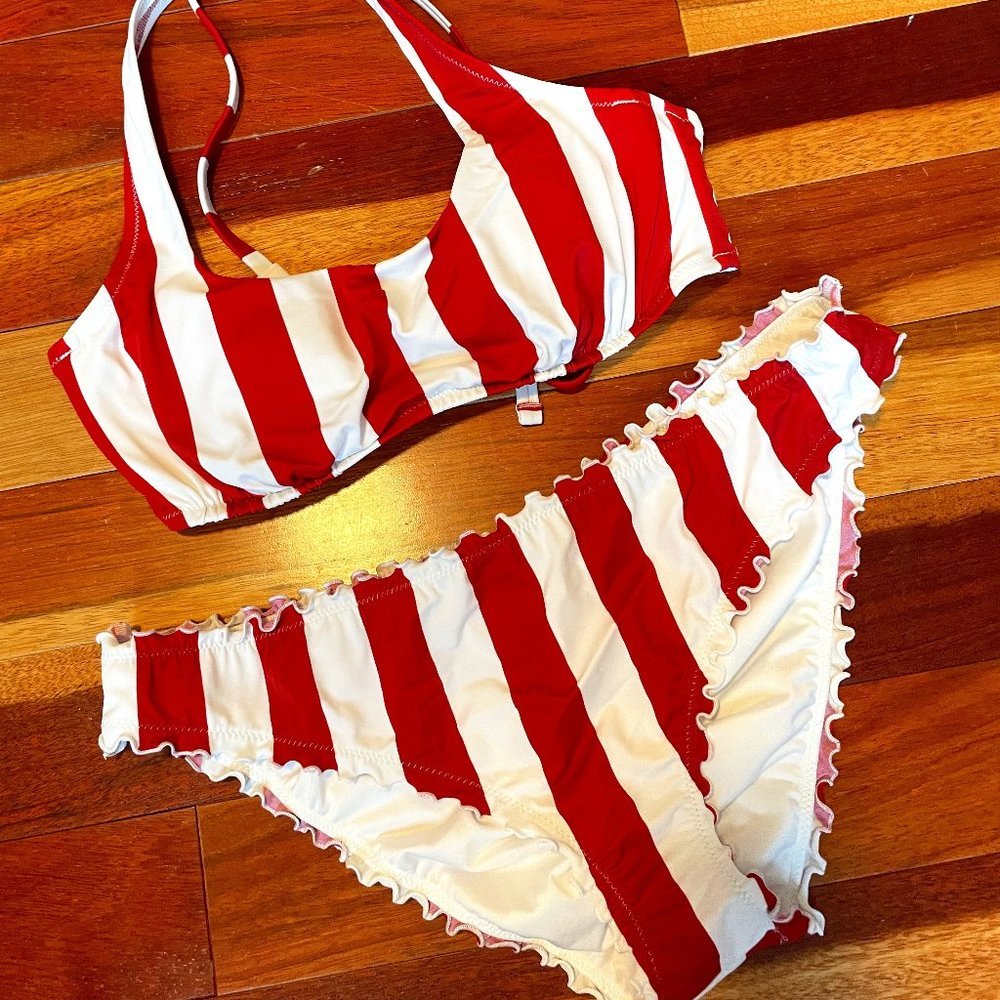 Women's Shade & shore Red & White Striped Bikini 34D / L